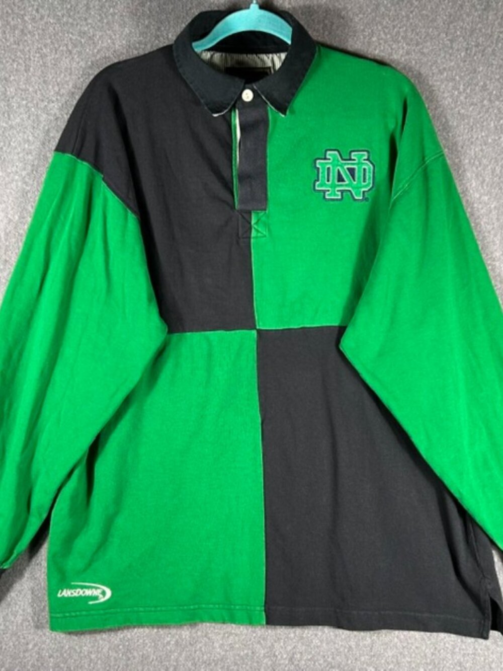 Lansdowne Notre Dame Rugby Polor Mens Sz XL Navy Green Long Sleeve Colorblock